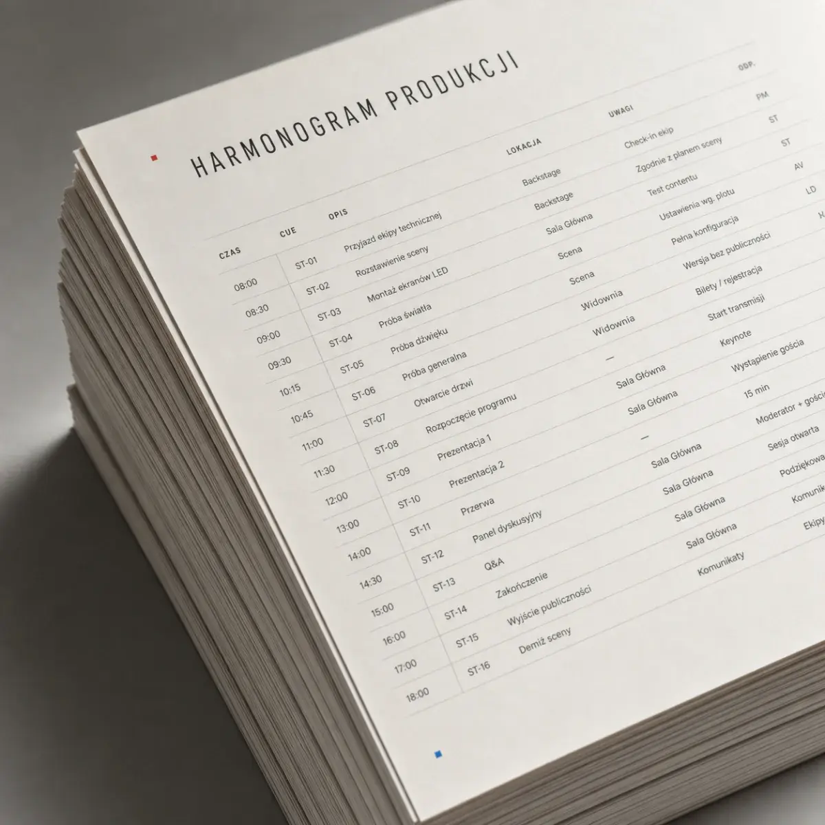 Harmonogram produkcji konferencji wydrukowany na grubym papierze